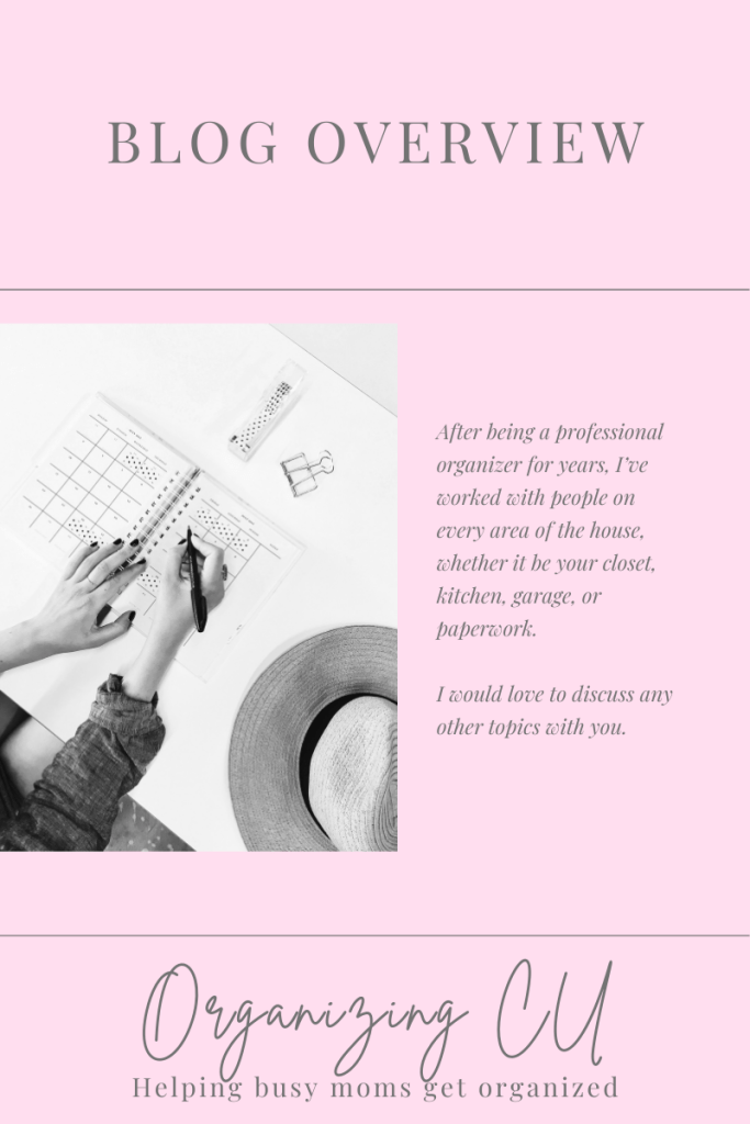 Blog overview. 

After being a professional organizer for years, I’ve worked with people on every area of the house, whether it be your closet, kitchen, garage, or paperwork.

I would love to discuss any other topics with you. 

Organizing CU. Helping busy moms get organized.