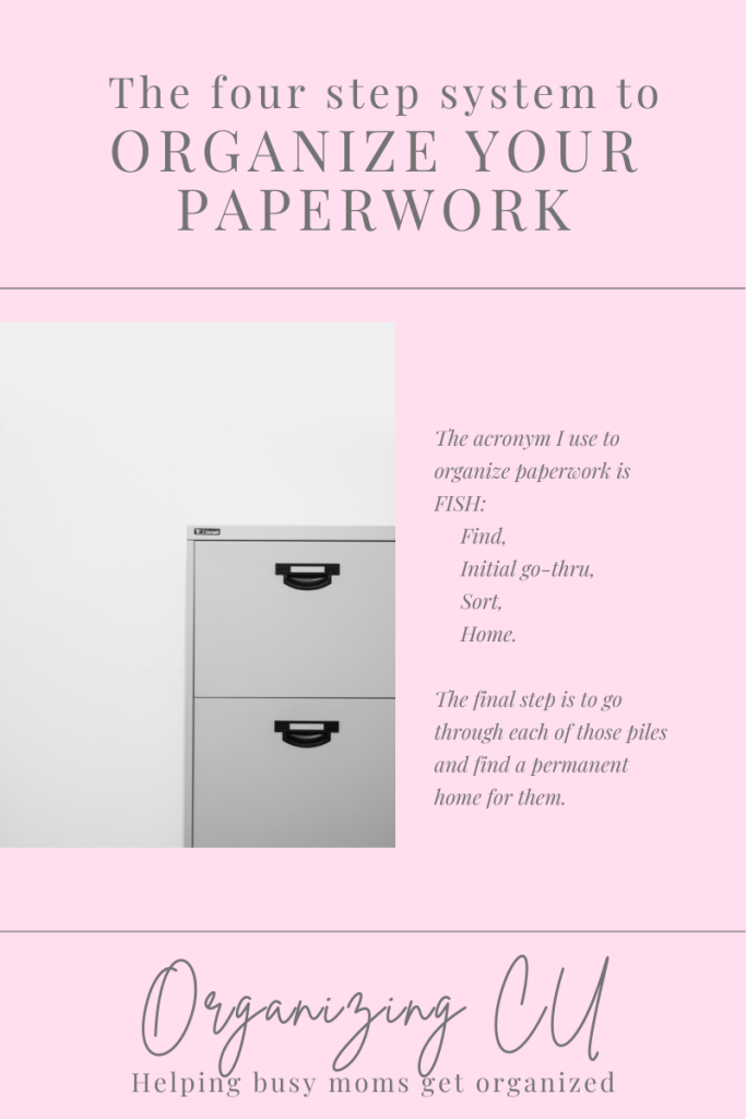 The four step system to organize your paperwork. 

The acronym I use to organize paperwork is FISH: find, initial go-thru, sort, home.

The final step is to go through each of those piles and find a permanent home for them.

Organizing CU. Helping busy moms get organized.